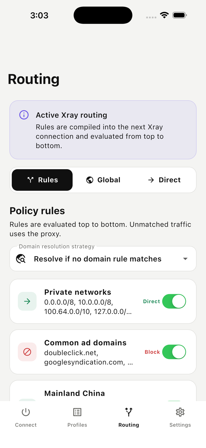 XrayAegis routing configuration screen